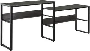 HOMCOM 86.5 Inch Two Person Desk Double Computer Table Writing Desk with Open Shelves Long Storage Workstation for Home Office Gray