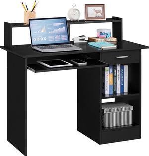 Yaheetech Home Office Wood Computer Desk with Drawers and Pull-Out Keyboard Tray, Study Writing Desk PC Laptop Table with Hutch and Storage Shelves, Modern Workstation, Black