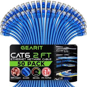 GearIT 50-Pack, Cat 6 Ethernet Cable Cat6 Snagless Patch 2 Feet - Snagless RJ45 Computer LAN Network Cord, Blue - Compatible with 48 Port Switch POE Rackmount 48port Gigabit