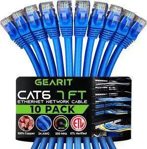 GearIT Cat 6 Ethernet Cable 7 ft (10-Pack) - Cat6 Patch Cable, Cat 6 Patch Cable, Cat6 Cable, Cat 6 Cable, Cat6 Ethernet Cable, Network Cable, Internet Cable - Blue 7 Feet