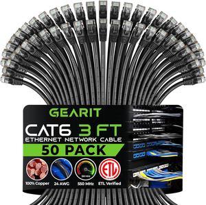 GearIT 50-Pack, Cat 6 Ethernet Cable Cat6 Snagless Patch 3 Feet - Snagless RJ45 Computer LAN Network Cord, Black - Compatible with 48 Port Switch POE Rackmount 48port Gigabit