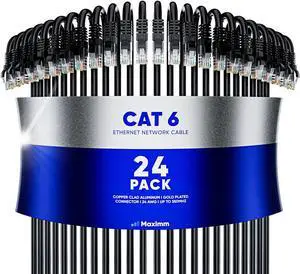 Maximm Cat6 Ethernet Cable 1 Ft Black (24-Pack), 10Gbps 550MHz UTP Cord Maximm Cat6 Ethernet Cable 1 Ft Black (24-Pack), 10Gbps 550MHz UTP Cord