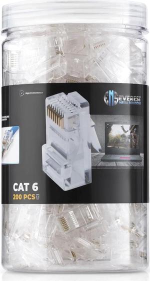 Everest Media Solutions RJ45 Cat6 Pass Through Connectors - Pack of 200 - EZ to Crimp Modular Plug for Solid or Stranded UTP Network Cable - Male Ethernet Connector End
