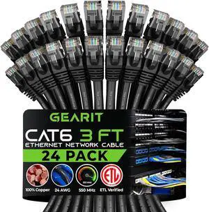 GearIT Cat 6 Ethernet Cable 3 ft (24-Pack) - Cat6 Patch Cable, Cat 6 Patch Cable, Cat6 Cable, Cat 6 Cable, Cat6 Ethernet Cable, Network Cable, Internet Cable - Black 3 Feet
