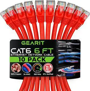 GearIT Cat 6 Ethernet Cable 6 ft (10-Pack) - Cat6 Patch Cable, Cat 6 Patch Cable, Cat6 Cable, Cat 6 Cable, Cat6 Ethernet Cable, Network Cable, Internet Cable - Red 6 Feet