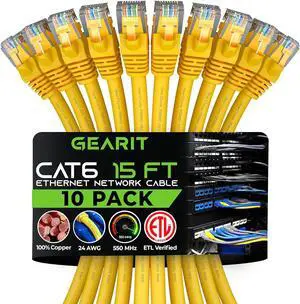 GearIT Cat 6 Ethernet Cable (10-Pack 15 Feet) Cat6 Network Patch, 10Gbps, RJ45, Snagless Cord, Gold-Plated Connectors, Internet for PC, TV, Tablet, Router, Printer, Servers, IT Data Center - Yellow GearIT Cat 6 Ethernet Cable (10-Pack 15 Feet) Cat6 Network Patch, 10Gbps, RJ45, Snagless Cord, Gold-Plated Connectors, Internet for PC, TV, Tablet, Router, Printer, Servers, IT Data Center - Yellow