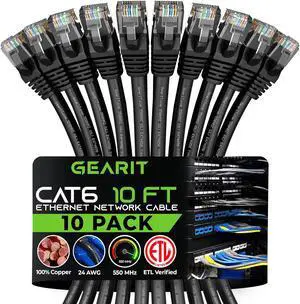 GearIT Cat 6 Ethernet Cable 10 ft (10-Pack) - Cat6 Patch Cable, Cat 6 Patch Cable, Cat6 Cable, Cat 6 Cable, Cat6 Ethernet Cable, Network Cable, Internet Cable - Black 10 Feet GearIT Cat 6 Ethernet Cable 10 ft (10-Pack) - Cat6 Patch Cable, Cat 6 Patch Cable, Cat6 Cable, Cat 6 Cable, Cat6 Ethernet Cable, Network Cable, Internet Cable - Black 10 Feet