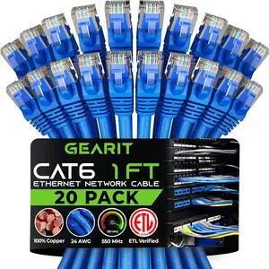 GearIT Cat 6 Ethernet Cable 1 ft (20-Pack) - Cat6 Patch Cable, Cat 6 Patch Cable, Cat6 Cable, Cat 6 Cable, Cat6 Ethernet Cable, Network Cable, Internet Cable - Blue 1 Foot