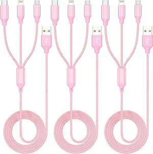 Multiple Charger Cable 3Pack 4FT Multi Charging Cable Rapid Nylon Braided Cord USB Charging Cable 3 in 1 Multi Phone Charger Cord with Type C Micro Lightning USB Connectors for Cell Phones Pink