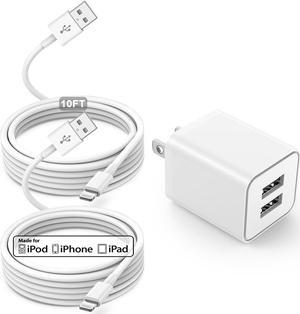 USB Wall Charger and Lightning Cable 10 ft,[Apple MFi Certified] Long iPhone Charger with 10 FT iPhone Cord, 2 Ports Charging Plug Block Box for iPhone 12/11/XR/X/Xs/Xr/8/7/6/6s Plus/SE/5c/iPad-White