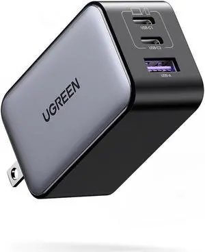 UGREEN 65W USB C Charger, Nexode 3 Ports GaN Fast Charger Block, Compact Foldable Charger for /Air, Dell XPS, iPhone 15 Pro Max/14/13, iPad Pro, Galaxy S24/S23, Pixel 8, Steam Deck (Black)