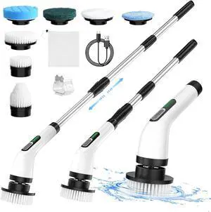 Ibelor Electric Spin Scrubber, 2 Adjustable Speeds Cordless Electric Scrubber for Cleaning, Adjustable & Detachable Handle Shower Scrubber with 7 Replaceable Brush Heads for Floor,Bathroom,Tub,Tile