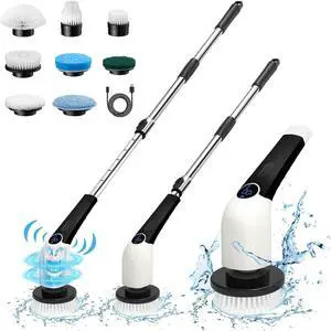 Keimi Electric Spin Scrubber, 2024 New Cordless Voice Prompt Shower Cleaning Brush with 8 Replaceable Brush Heads, 3 Adjustable Speeds, and Adjustable Extension Handle for Bathroom Floor Tile