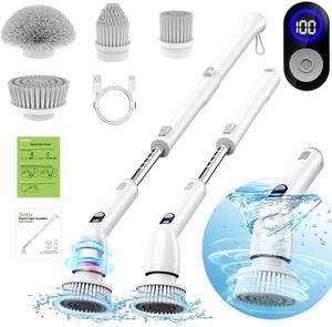 TUYU Electric Spin Scrubber, 2024 New Full-Body IPX7 Waterproof Bathroom Scrubber with Power LCD Display, Adjustable Extension Handle, Cordless Electric Cleaning Brush for Bathroom, Kitchen Cleaning