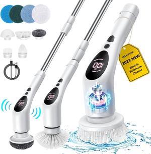 Electric Spin Scrubber, Cordless Voice Prompt Cleaning Brush with 9 Replaceable Brush Heads, 3 Adjustable Speeds Shower Scrubber with Extension Long Handle for Bathroom Floor Tile