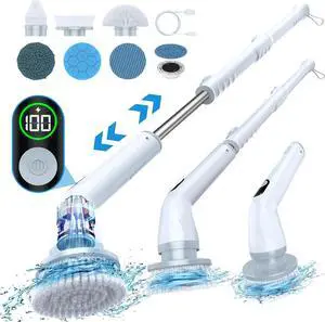 LABIGO Electric Spin Scrubber LA4 Pro, Dual Speed Bathroom Scrubber with Display & 6 Replacement Cleaning Heads, Cordless Power Scrubber with Adjustable & Detachable Handle for Bathroom Floor Tile