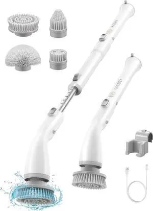 HiCOZY Electric Spin Scrubber HS1, Cordless Shower Scrubber for Cleaning with 4 Replaceable Brush Heads Adjustable Extension Handle, IPX7 Waterproof Cleaning Brush for Bathroom Floor White