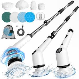 Latumab Electric Spin Scrubber with Long Handle, Cordless Bathroom Scrubber, 8 Replacement Heads, 3 Adjustable Speeds, Shower Cleaning Brush w/Adjustable & Detachable Handle for Bathtub Tile Floor
