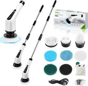 Dsenfurn Electric Spin Scrubber, Cordless Bathroom Tub Scrubber with Long Handle & 7 Replaceable Cleaning Heads, Extension as Short Handle, Portable Power Shower Brush Household Tools for Tile Floor