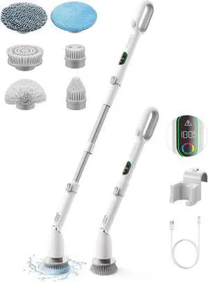 HiCOZY Electric Spin Scrubber HS1 Pro, Shower Scrubber with 2024 New Upgraded Voice Prompt LED Smart Display, Cleaning Brush with 4 Adjustable Speeds, 6 Replaceable Brush Heads Light White