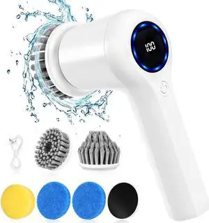 Electric Spin Scrubber,GRUTTI Power Scrubber Cordless Electric Shower Scrubber with Digital Display and 5 Replaceable Heads, 2 Adjustable Speeds,Cleaning Brush for Bathtub, Floor, Tile, Window