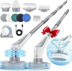 Prasky Electric Spin Scrubber, Cordless IPX8 Shower Scrubber with 9 Replacement Heads and 4 Tier Removable Handles, Dual Speed Extendable Spin Brush for Cleaning Bathroom, Tub, Tile