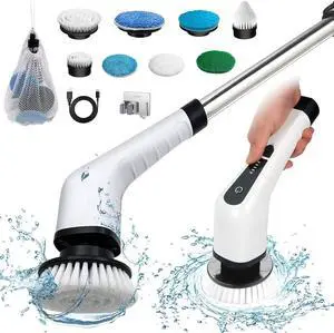 ZLPMARY Electric Spin Scrubber, Cordless Bath Tub Power Scrubber with 8 Replaceable Drill Brush Heads, Shower Cleaning Brush with Adjustable Handle for Bathroom, Tile Floor & Car, White, (ANS-8050)