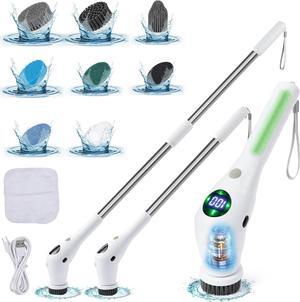 Electric Spin Shower Scrubber with Long Handle | Rotating Power Brush for Cleaning Bathroom Shower Tiles Floors with 8 Replacement Heads, Rechargeable, Cordless
