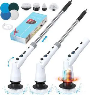 Tomvorks Electric Spin Scrubber, Electric Bathroom Scrubber with Long Handle, 2.5H Work Time, 2 Adjustable Speeds, LED Display and 8 Brush Heads, Power Shower Scrubber for Bathroom, Tub, Tile, Floor