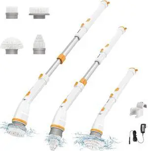 Electric Spin Scrubber, KIKOLIN 380RPM High Speed Power Scrubber, Cordless Cleaning Brush 2 Speeds for Bathroom, Tub, Shower, Floor with 4 Replaceable Brush Heads and Adjustable Extension Long Handle
