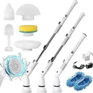 CoolKits Electric Spin Scrubber K-129 - New Cordless, 350 RPM, 4000mAh Battery, 6 Replaceable Cleaning Heads, Adjustable Long Handle for Grout, Bathtub, Tiles, and Floors.