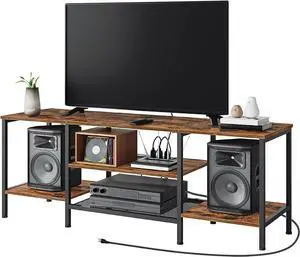 HOOBRO TV Stand with Power Outlets to 65 Inches, TV Console Table with Open Storage Shelves, Industrial Media Entertainment Center for Living Room Bedroom, Rustic Brown and Black BF40DS01