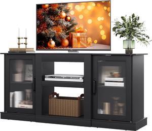 WLIVE Retro TV Stand for 65 inch TV, TV Console Cabinet with Storage, Open Shelves Entertainment Center for Living Room and Bedroom, Black