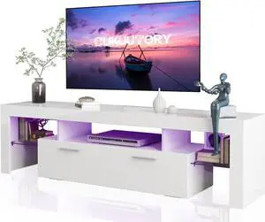 Clikuutory Modern LED 63 inch TV Stand with Large Storage Drawer for 40 50 55 60 65 70 75 Inch TVs, White Wood TV Console with High Glossy Entertainment Center for Gaming, Living Room, Bedroom