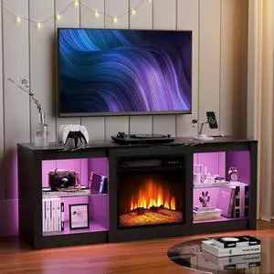 BREEZEHEAT 58 inch TV Stand with 18" Fireplace Inserts-Led Entertainment Center for TVs Up to 65"-TV Console for Living Room with with Glass Shelves, LED Lights and Power Outlets (Black)