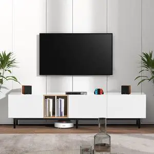 Virubi Modern TV Stand with 3 Cabinets & Open Shelves, Minimalist Wooden Entertainment Center for TVs Up to 80, Sturdy TV Console for Living Room Bedroom Decor (White)