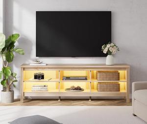 WAMPAT LED TV Stand for TVs up to 80 Inches, White Oak Entertainment Center for 75 inch TV Console Table with 6 Cubby Storage for Living Room Bedroom, 70''