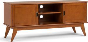SIMPLIHOME Draper SOLID WOOD Universal TV Media Stand, 60 Inch Wide, Modern Industrial, Living Room Entertainment Center, for Flat Screen TVs up to 70 Inch in Teak Brown