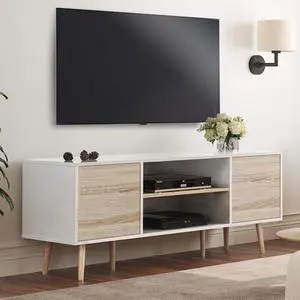 WAMPAT Mid-Century Modern TV Stands for TVs up to 60 '' Flat Screen, Wood Media Console Table with Doors Home Entertainment Center for Living Room, Black