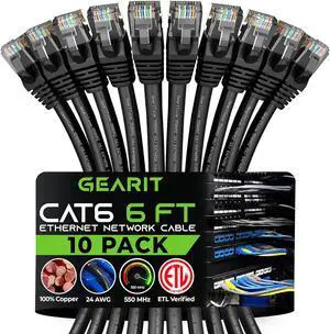 GearIT 6 ft Cat6 Ethernet Patch Cable (10-Pack) - Compatible With Computers and Networks, Black 6 Feet