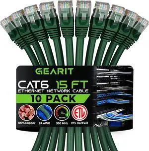 GearIT Cat 6 Ethernet Cable 15 ft (10-Pack) - Cat6 Patch Cable, Cat 6 Patch Cable, Cat6 Cable, Cat 6 Cable, Cat6 Ethernet Cable, Network Cable, Internet Cable - Green 15 Feet