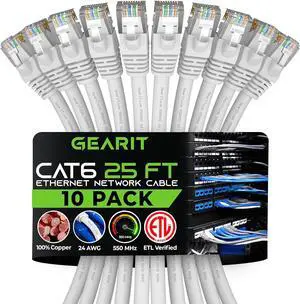 GearIT 10 Pack, Cat 6 Ethernet Cable Cat6 Snagless Patch 25 Feet - Computer LAN Network Cord, White - Compatible with 10 Port Switch POE 10port Gigabit