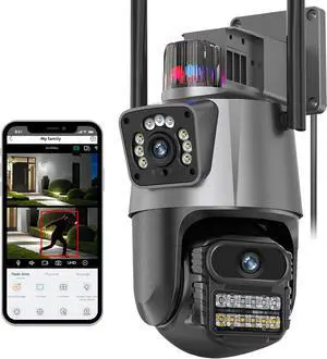 4K Security Camera Outdoor, Dual Lens PTZ Wireless Outside Cameras for Home Security with 3M Cord, IP66 Waterproof, AI Tracking, Light Alarm, Color Night, 2-Way Talk, 24/7 Record,SD/Cloud