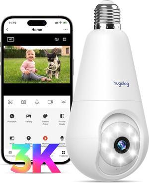 Hugolog 3K Light Bulb Security Cameras Wireless Outdoor-2.4GHz Cameras for Home Security Indoor with AI Sound Processing&Motion Detection,Color Night Vision,Auto Tracking,Siren Alarm,2-Way Talk