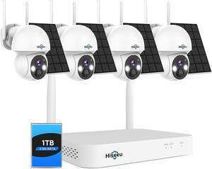 Hiseeu Wireless Solar Camera System Outdoor, 4PCS 4MP Home Battery Camera with 1T HDD, PTZ 360° View, PIR Motion Detection, Color Night Vision, IP66, 2-Way Audio, 2.4G WiFi, No Monthly Fee
