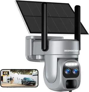 4K/8MP Solar Security Cameras Wireless Outdoor, BEENOCAM Dual Lens 360°PTZ Solar Camera Outdoor Wireless Cameras for Home Security with 2.4GHz, 2-Way Talk, Full Color Night Vision, PIR Detection, IP66