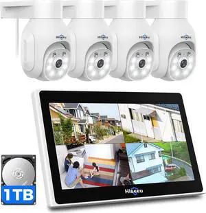 Wireless Security Camera System, 4PCS 5MP Outdoor Camera with 10in LCD 1T HDD, 2-Way Audio, PTZ, Color Night Vision, Motion Alert, IP66 Waterproof, Auto Tracking, 2.4G WiFi, No Monthly Fee