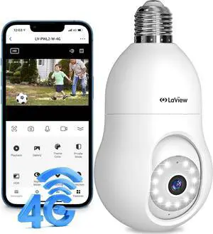 LaView 4G LTE Cellular Light Bulb Security Camera,360°2K Security Cameras Wireless Outdoor Indoor 4MP Full Color Day and Night,Motion Detection, Audible Alarm,Easy Installation,Compatible with Alexa