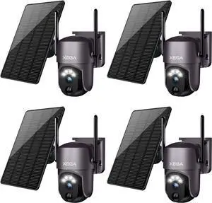 Xega 4 Pack Security Camera Wireless Outdoor 2K 360° PTZ Camera Solar Security Cameras 2.4G WiFi Video Surveillance w/Spotlight & Siren, Color Night Vision, AI Motion Detection, 2-Way Talk, IP66