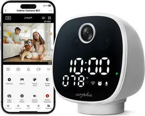 ARPHA Indoor Camera with Alarm Clock, WiFi 1080P Security Camera for Home, Motion Detection Night Vision 355°, One-Touch Calling Two-Way Talk, Night Light Temperature Monitor